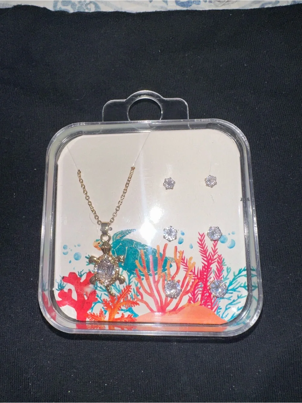 Gold Turtle Pendant Necklace with Crystal Stud Earring Set - Gold
